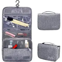Necessaire organizadora de viagem com alça e gancho — cinza